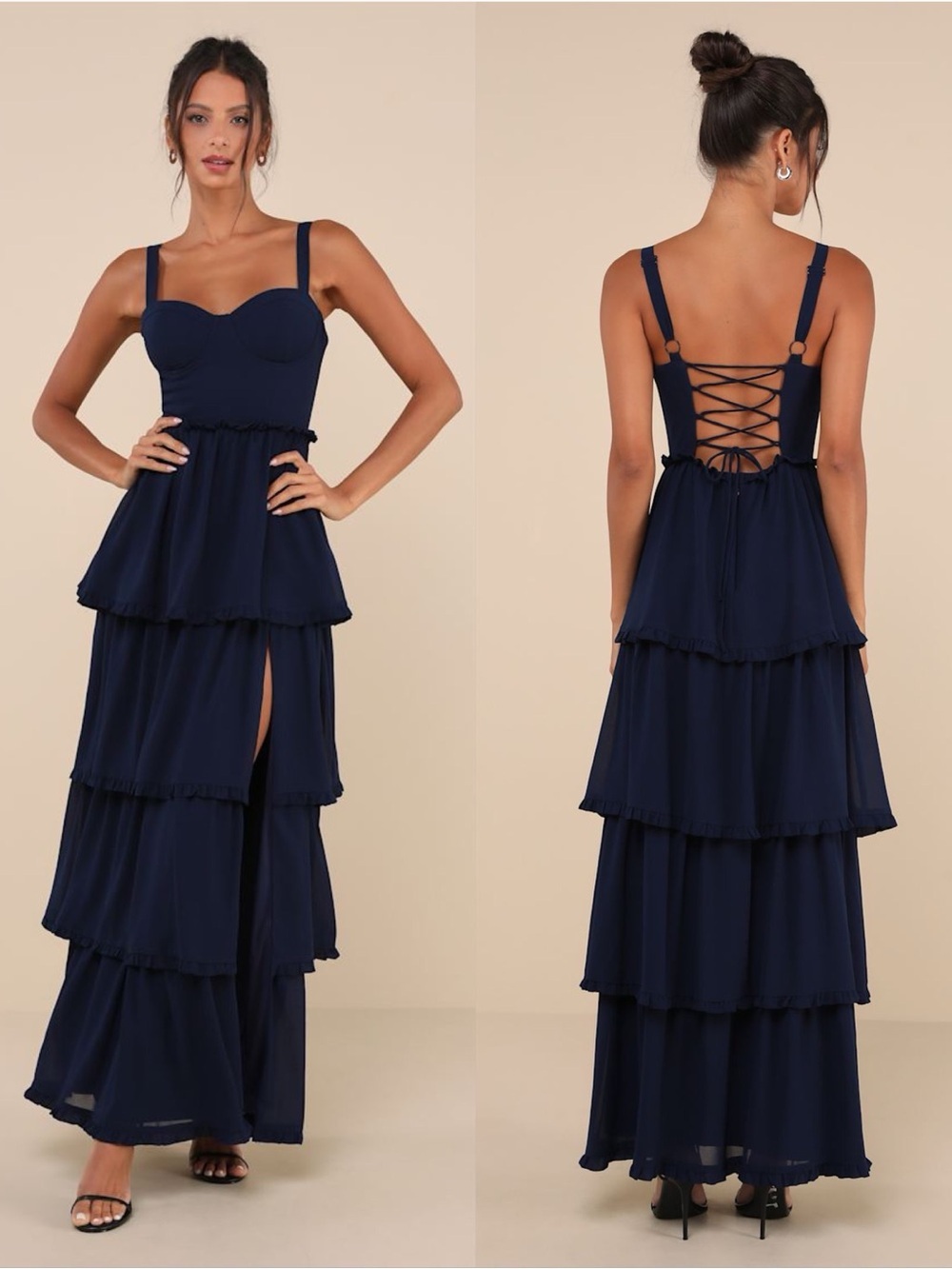 LULU’S Sophisticated Occasion Navy Blue Bustier Lace-Up Maxi Dress